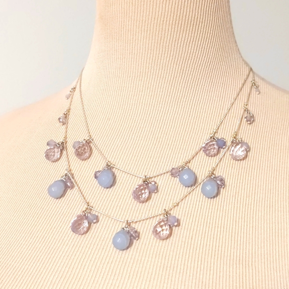 Silver two chain light blue and clear beaded necklace - Picture 1 of 7